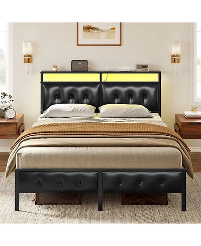 Hausource Queen Bed Frame with Storage Headboard & Charging Station Platform Bed No Box Spring Needed