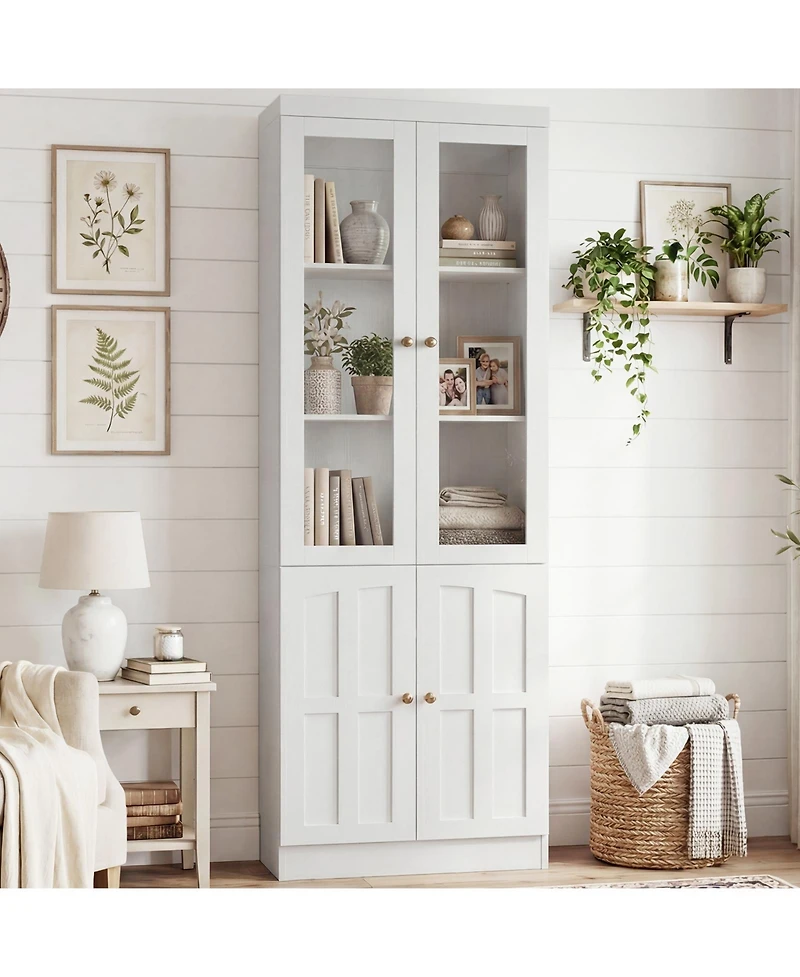 Aheaplus Storage Cabinet with Glass Doors, Wooden Bookcase with Shelves