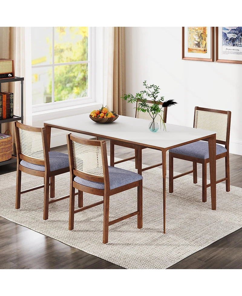Gymax Rattan Dining Chair Set of 2 w/ Rubber Wood Frame Linen Fabric Padded Seat