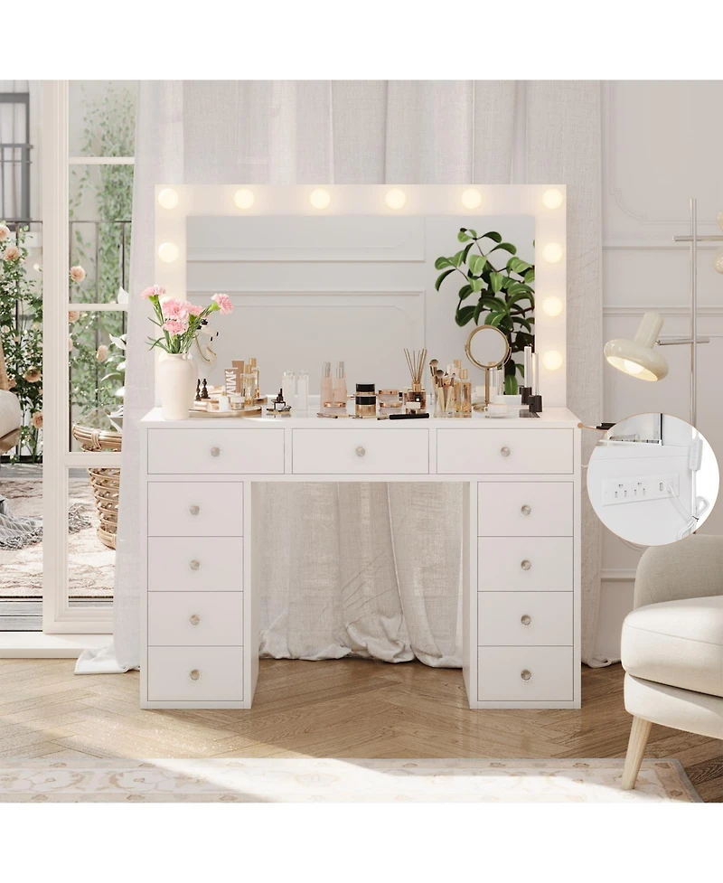 gaomon Makeup Vanity Desk with Mirror, 45"W Dressing Table with 11 Drawers and Glass Tabletop, Brightness Adjustable Makeup Vanity Table for Bedroom