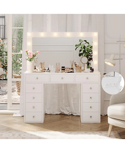 gaomon Makeup Vanity Desk with Mirror, 45"W Dressing Table with 11 Drawers and Glass Tabletop, Brightness Adjustable Makeup Vanity Table for Bedroom