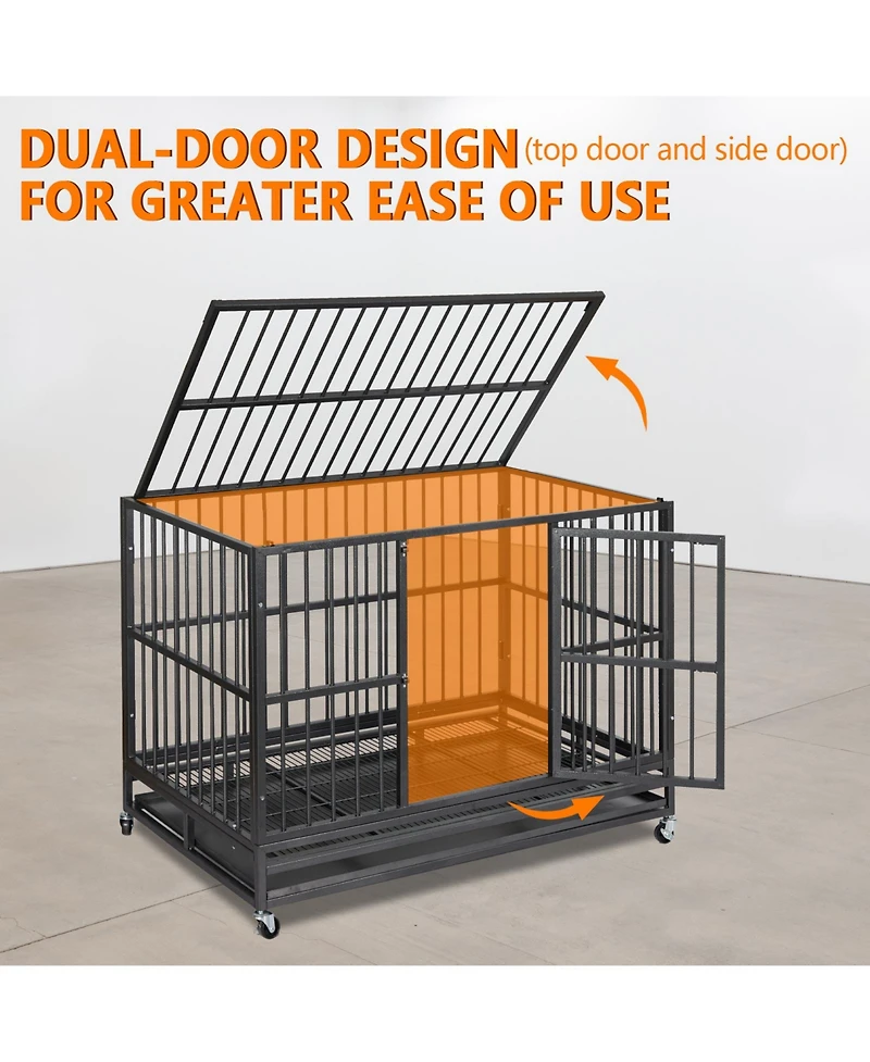 gaomon 47'' Heavy Duty Escape Proof Dog Crate and Kennel Steel Large Dog Cage with Doors, Lockable Wheels, Removable Trays, Waterproof Uv Cover