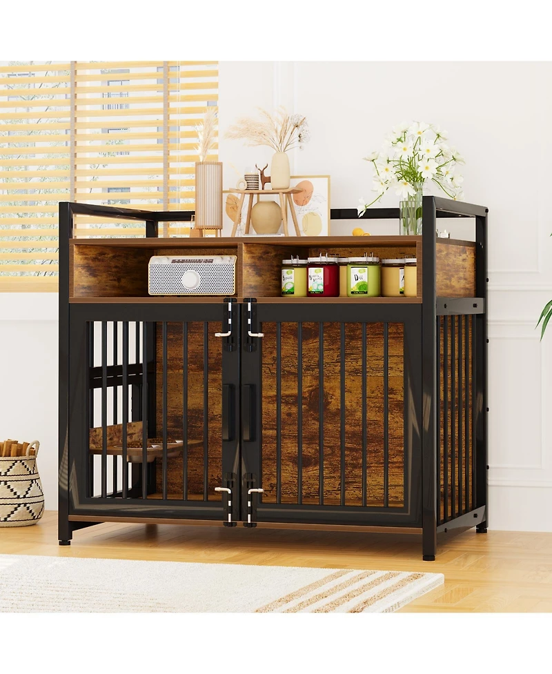 gaomon 48'' Heavy Duty Wooden Dog Crate Furniture for Large or Medium Dogs Double Doors, 2 Storage Drawers, 360degree(s) Swivel Raised Feeder