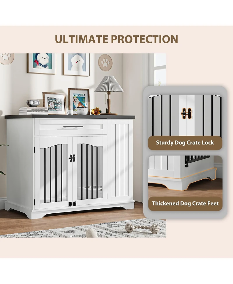 gaomon 44 Inch Heavy Duty Wooden Dog Crate Furniture with Drawer, Side Storage and Built-In Feeding Station Modern Kennel End Table for Large Dogs