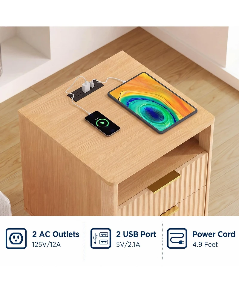 homfan 2-Pack 18" Fluted Nightstand with Charging Station