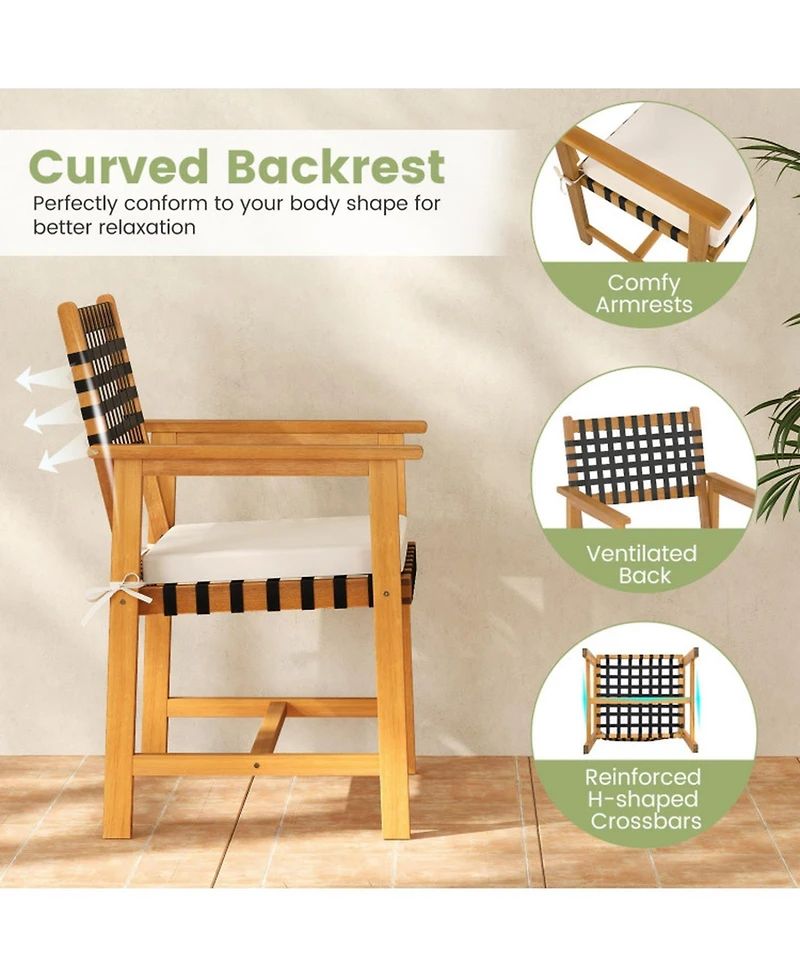 Sugift Set of 2 Acacia Wood Outdoor Dining Chairs with Woven Rope and Cushion