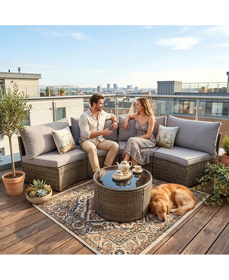 Asagikoiai 5-Piece Half-Moon Wicker Outdoor Patio Sectional Sofa Set with Table
