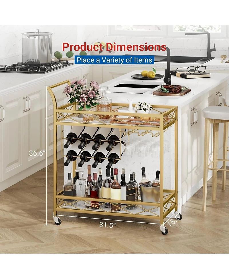 homfan Gold 2-Tier Bar Cart with Wheels, White Marble Finish Shelf, Wine Rack and Glass Holder for Kitchen