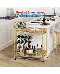homfan Gold 2-Tier Bar Cart with Wheels, White Marble Finish Shelf, Wine Rack and Glass Holder for Kitchen