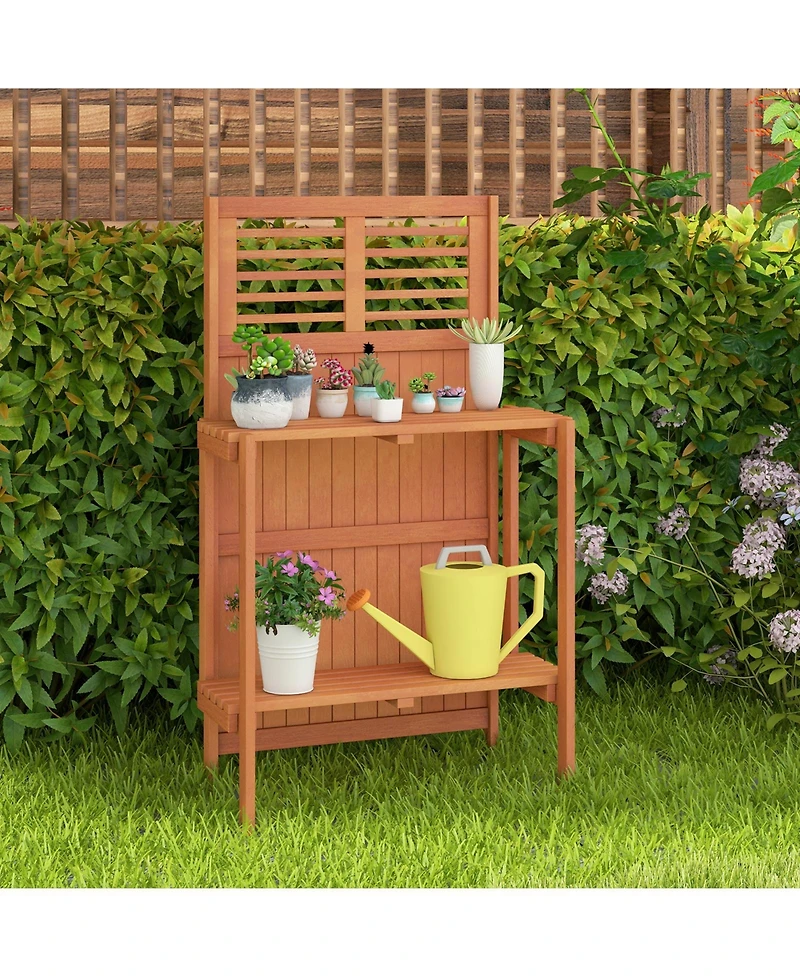Sugift Folding Garden Potting Bench with 2 Tier Storage Shelves and Teak Oil Finish