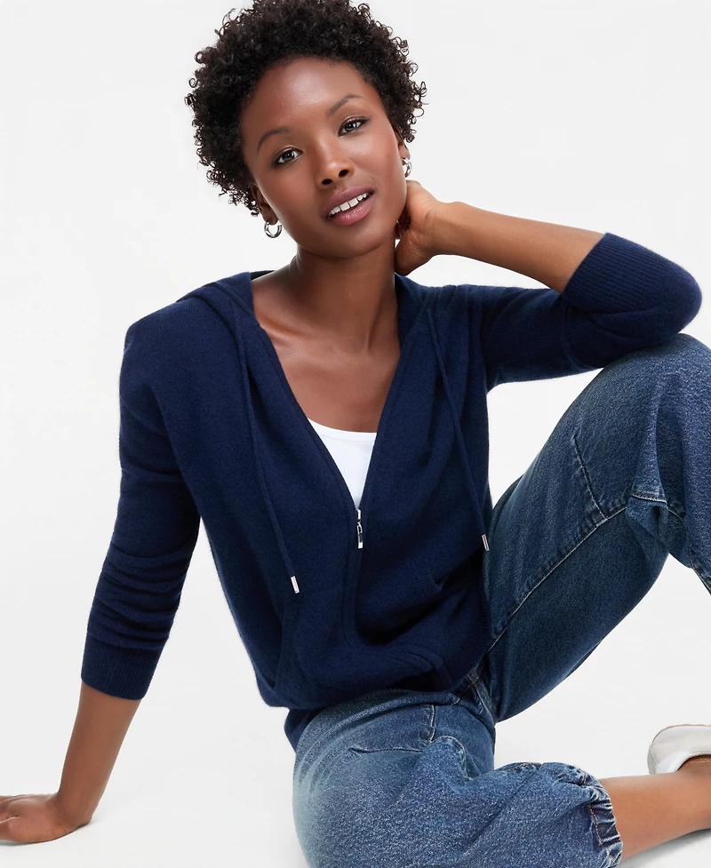 Charter Club Petite Cashmere Long-Sleeve Zip-Front Hoodie, Macy's Exclusive