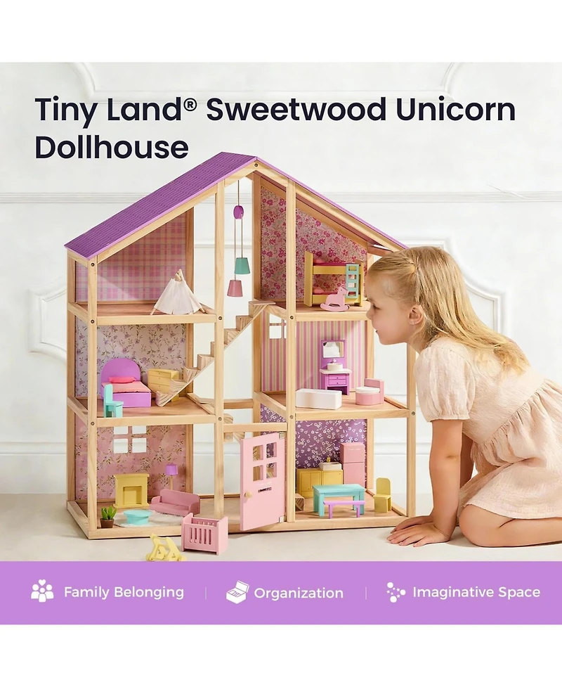 Tiny Land Wooden Dollhouse for Girls - Diy Pretend Play Doll House with 31Pcs Furniture Accessories