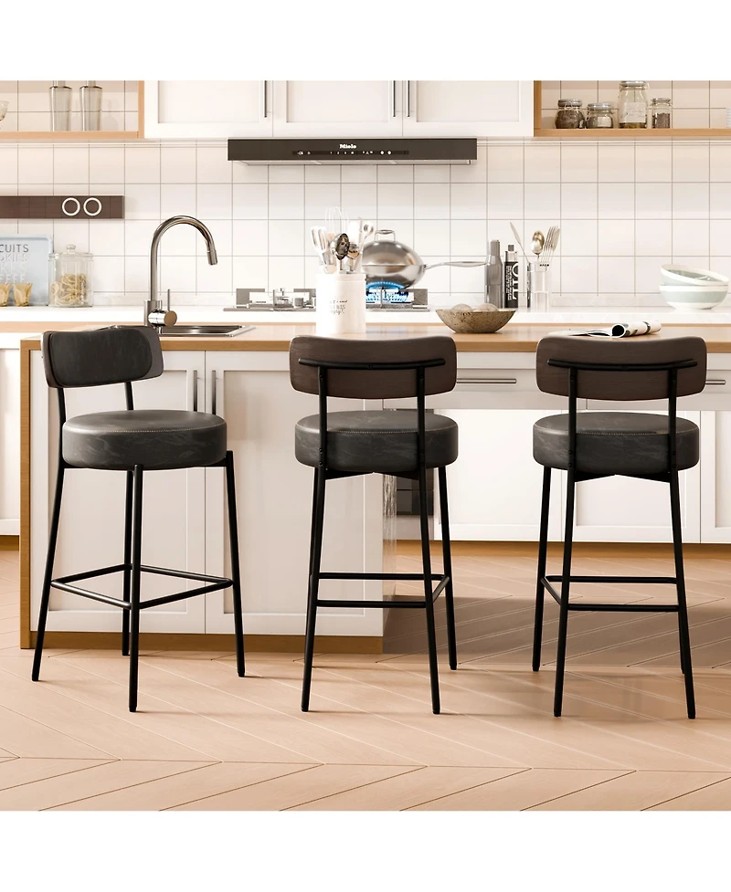 Dyhome 24 inches Bar Stools Set of 3, Counter Height with Leather Pad Wood Back