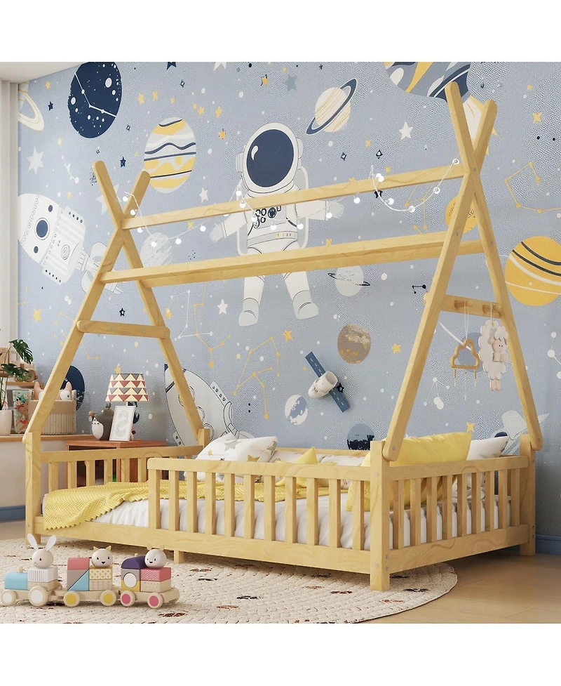 Streamdale Furniture Kids House Bed with Light, Low Floor, Fence and Roof
