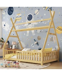 Streamdale Furniture Kids House Bed with Light, Low Floor, Fence and Roof
