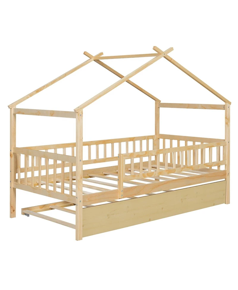 Streamdale Furniture Twin Size Wooden House Bed with Twin Size Trundle