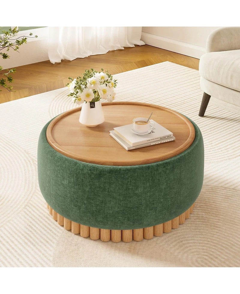Streamdale Furniture 29" Round Chenille Storage Ottoman with Reversible Lid and Wood Legs