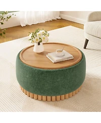 Streamdale Furniture 29" Round Chenille Storage Ottoman with Reversible Lid and Wood Legs