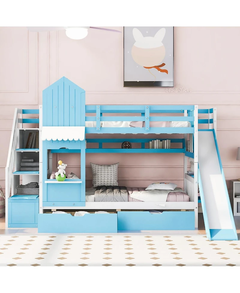 Streamdale Furniture Twin-Over-Twin Castle Style Bunk Bed with 2 Drawers 3 Shelves and Slide