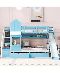 Streamdale Furniture Twin-Over-Twin Castle Style Bunk Bed with 2 Drawers 3 Shelves and Slide
