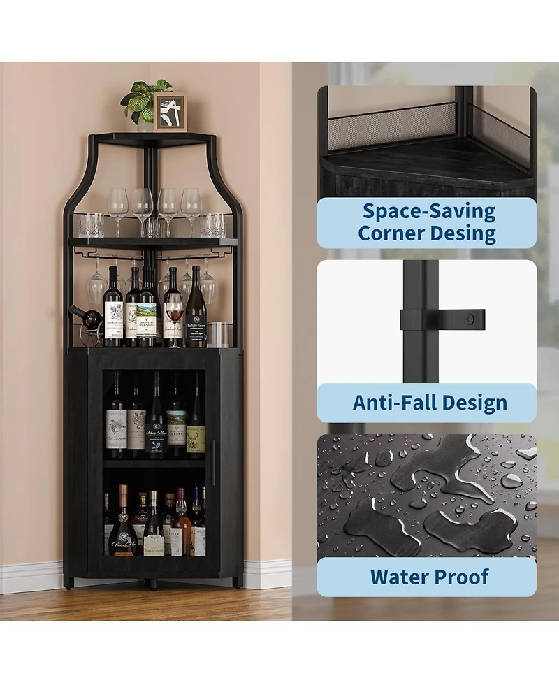 homfan Corner Bar Cabinet, Wine Cabinet with Adjustable Shelf and Glass Holder, 5-Tiers Storage Space Liquor