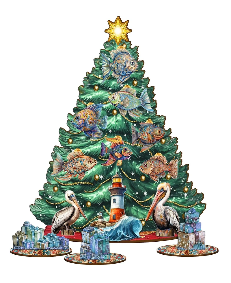 Designocracy Coastal Themed Wooden Christmas Tree with Ornaments Set of 13 G. DeBrekht