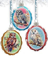 Designocracy Wise Owls Keepsake Mercury Christmas Glass Ornaments Set of 3 G. DeBrekht