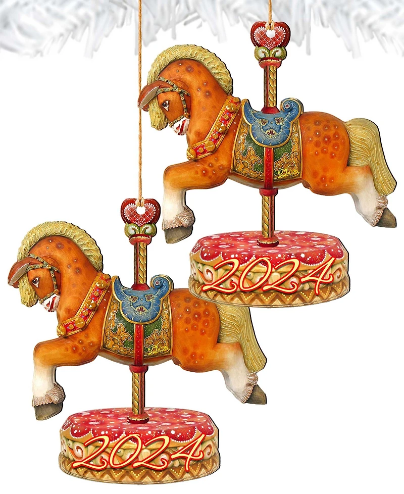 Designocracy Dated Carousel Horse Christmas Wooden Ornaments Holiday Decor Set of 2 G. DeBrekht