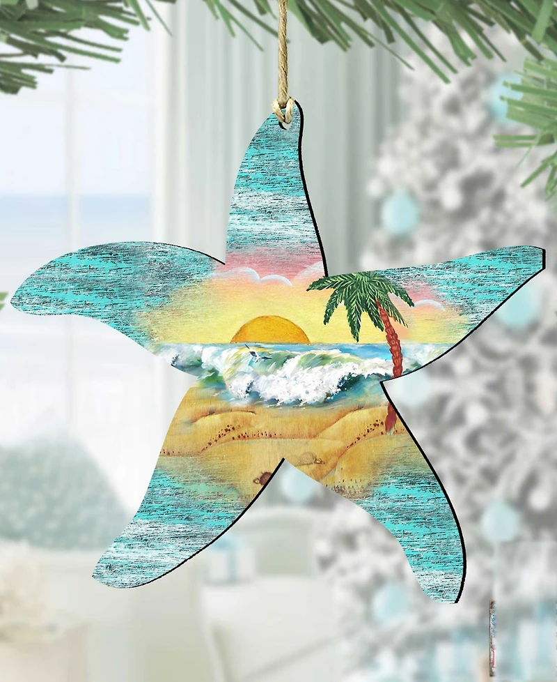Designocracy Starfish Scenic Wood Christmas Ornament