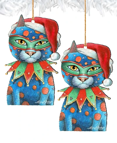 Designocracy Mardi Gras Santa Cat Wooden Ornament by Laura Seeley Pets Decor Set of 2