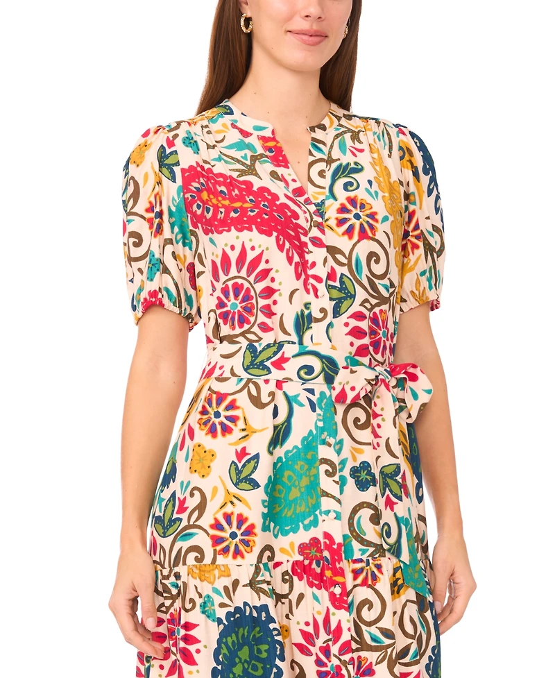 Msk Women's Floral Button-Front Maxi Dress with Self-Tie Belt