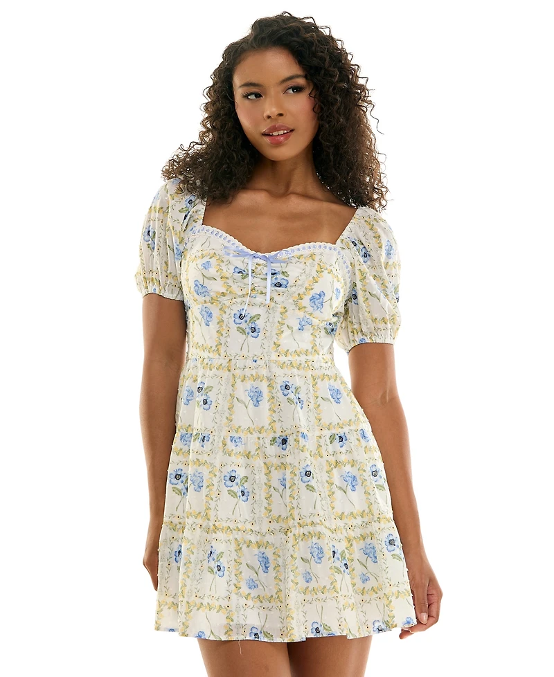 Kingston Grey Juniors' Sweetheart-Neck Puff-Sleeve Mini Dress
