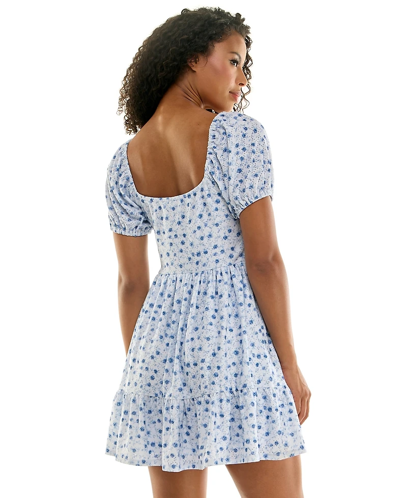Kingston Grey Juniors' Floral Print Eyelet Puff-Sleeve Mini Dress