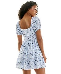 Kingston Grey Juniors' Floral Print Eyelet Puff-Sleeve Mini Dress