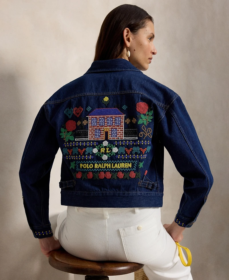 Polo Ralph Lauren Women's Spread Collar Beaded Denim Trucker Jacket