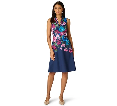 Adrianna Papell Women's Border Floral Collar Midi Dress