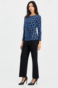 Anne Klein Essentials Petite Geo Printed Front Ruche Boat Neck Work Blouse