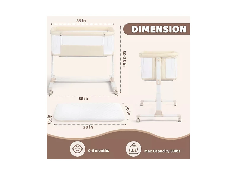 Kinder King Baby Bassinet Bedside Sleeper with Wheels, Adjustable Height and Mesh Sides