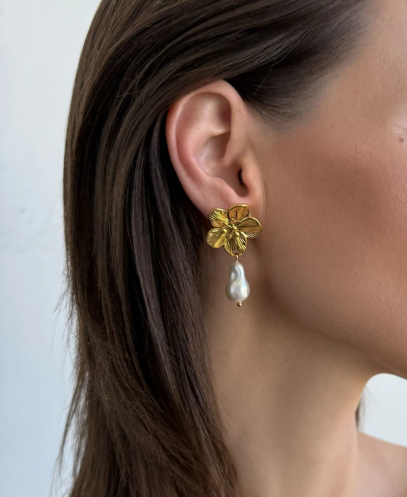 Adornia Tarnish Resistant Gold Imitation Pearl Statement Flower Drop Earrings