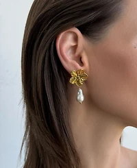 Adornia Tarnish Resistant Gold Imitation Pearl Statement Flower Drop Earrings