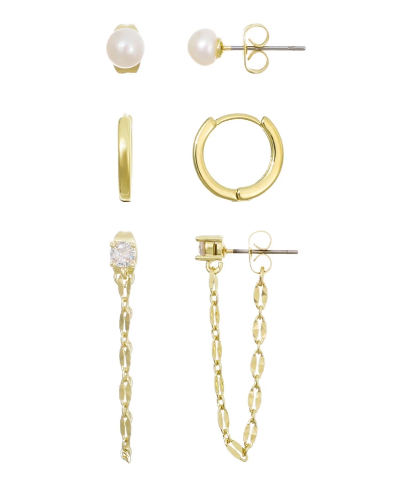 Adornia Gold Natural Freshwater Imitation Pearl Stud, Huggie and Drop Chain Earrings 3-Piece Set