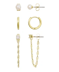 Adornia Gold Natural Freshwater Imitation Pearl Stud, Huggie and Drop Chain Earrings 3-Piece Set