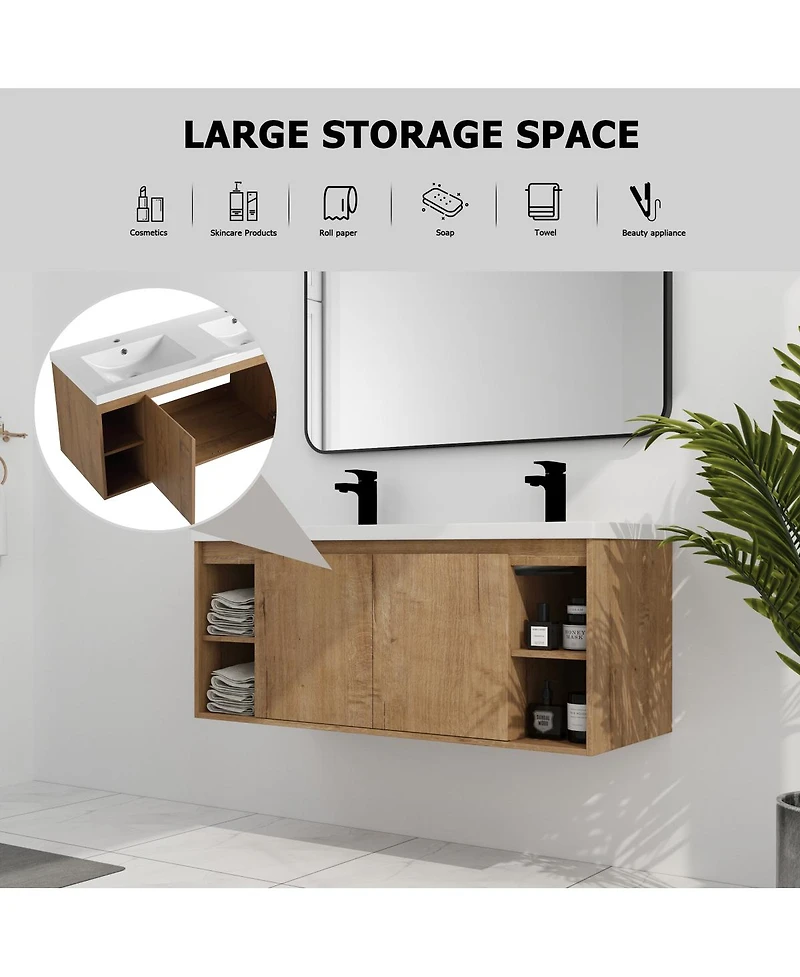 Sillysis 47.6 Inch Wall Mounted Double Sink Bathroom Vanity with Open Storage and Soft Close Doors, Modern Plywood Cabinet