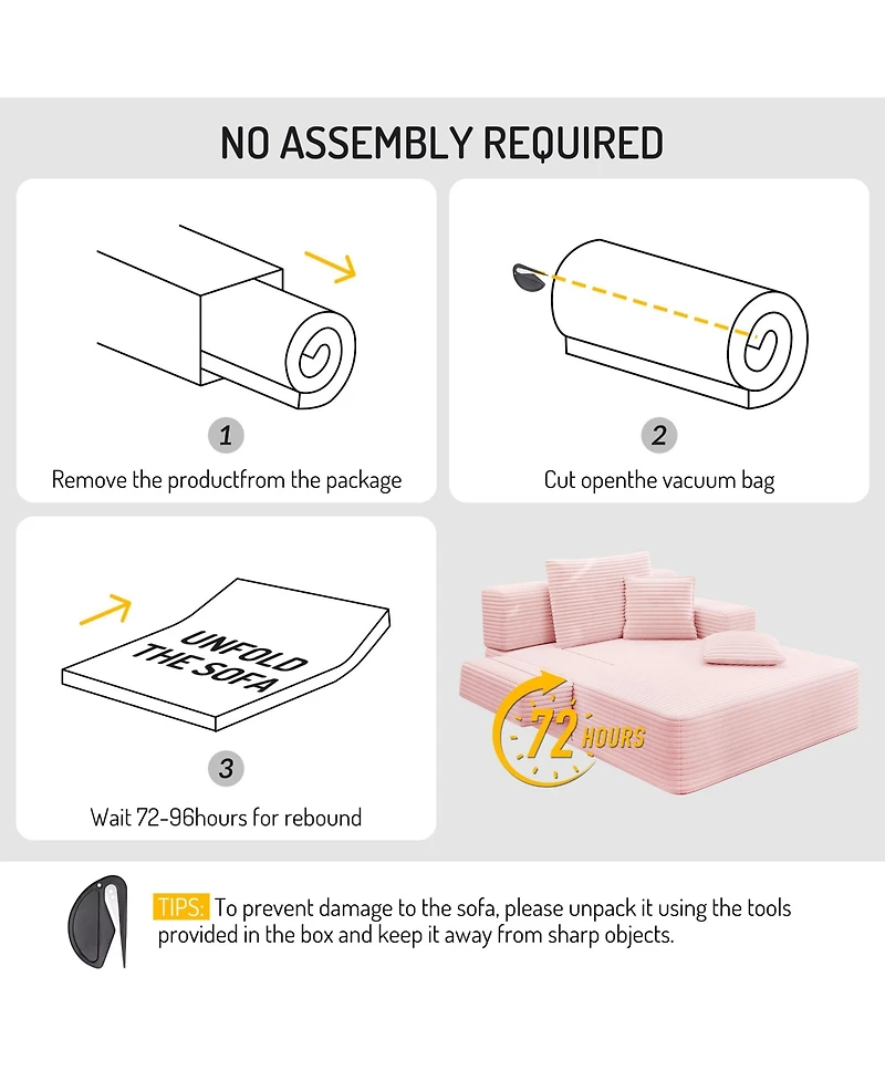 Clihome Luxurious Plush Corduroy Chaise Lounge with 3 Pillows, Convertible Sofa Bed Storage Pocket for Small Spaces, Living Room