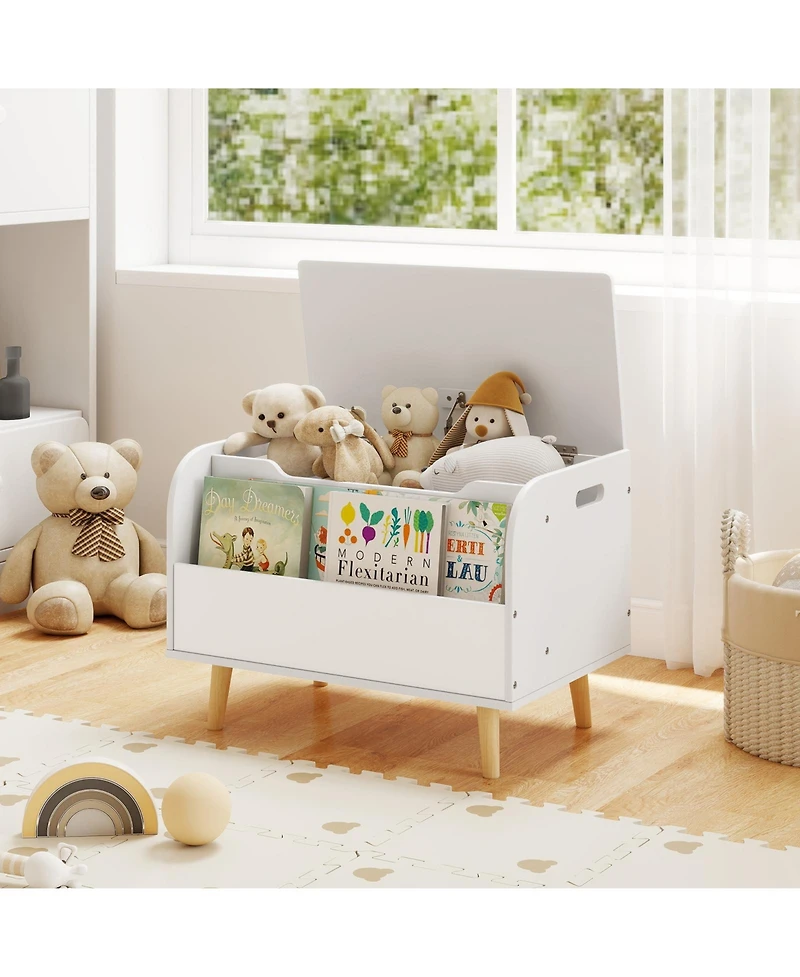 Gouun Kids Wooden Toy Box with Front Bookshelf and Safety Hinge, 23.5 x 16 x 17