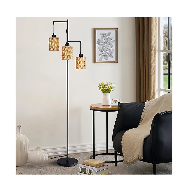 Sofucor 66-inch Modern Floor Lamps With Rattan Shade and Foot Switch