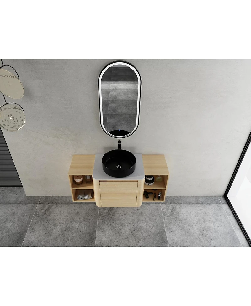 Sillysis Wall Mounted Bathroom Vanity with Ceramic Vessel Sink, Stone Top and Storage Shelves for Modern Bathrooms