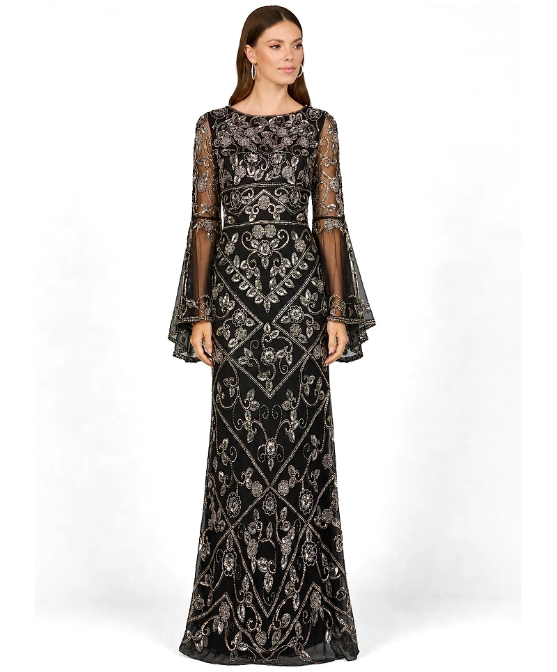 Lara Women's Bell Sleeved High Neck Beaded Gown