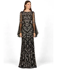 Lara Women's Bell Sleeved High Neck Beaded Gown