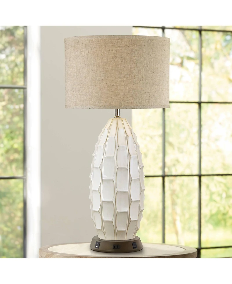 Possini Euro Design Mid Century Coastal Table Lamp with Usb and Ac Power Outlet Workstation Charging Base 32.75" Tall Ceramic Living Room